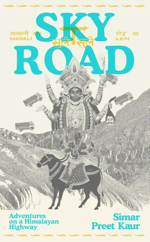 A stylized black-and-white line art illustration of a multi-armed hindu goddess in sky road by simar preet kaur