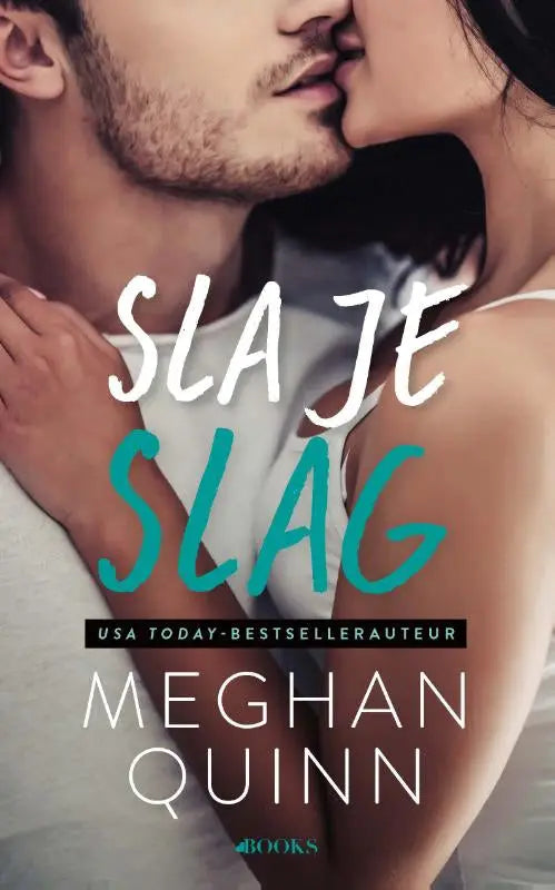 The book cover of meghan quinns sports romance sla je slag shows a romantic embrace with bold white and teal title text