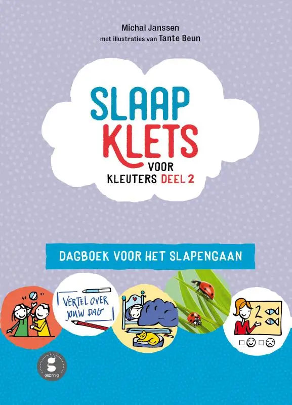 De kleurrijke cover van het kinder slaapdagboek slaap klets voor kleuters deel 2 met paarse en blauwe achtergrond