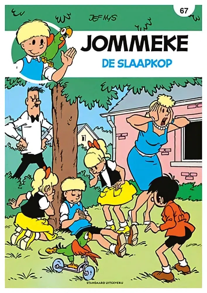 Cover van de jommeke strip de slaapkop met kleurrijke illustratie en cartoonfiguren door jef nys voor strips algemeen