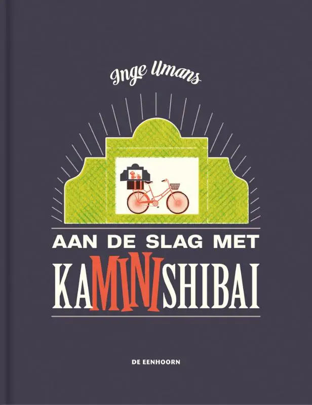Donkergrijze boekomslag aan de slag met kaMINIshibai met gestileerde roze fiets en passagiers voor een limoengroene boog