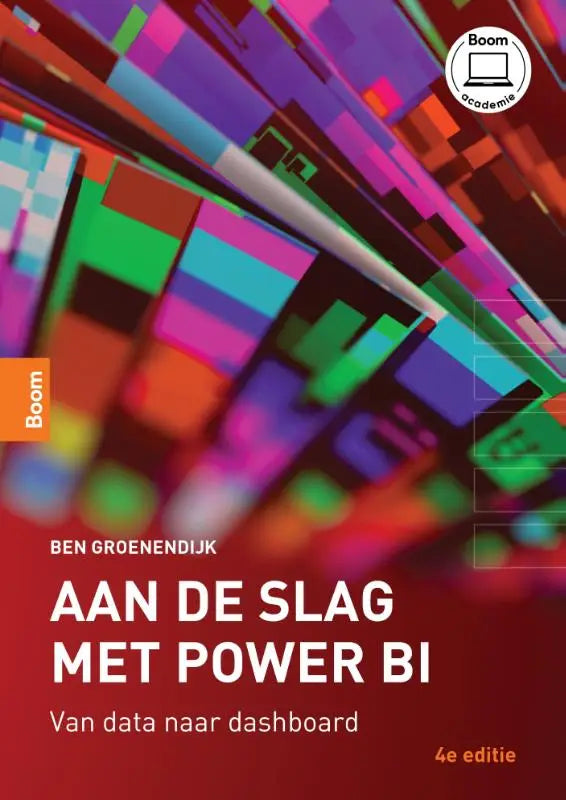 Aan de slag met Power BI boek met kleurrijk abstract ontwerp en geometrische vlakken op rode achtergrond