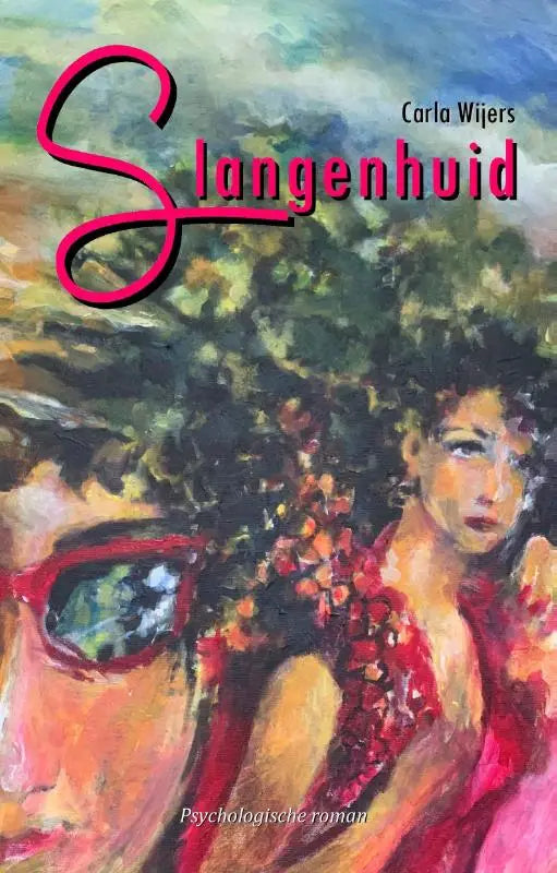 Boekcover van slangenhuid met roze cursieve titel en impressionistische afbeelding van twee figuren