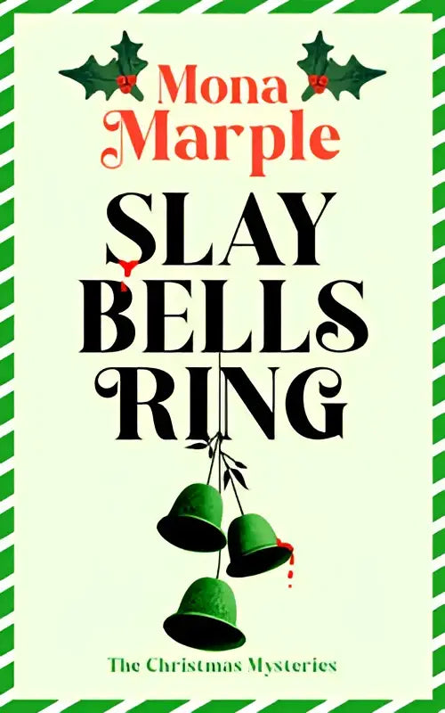 Green bell-shaped ornaments hang from a black string on a light green background in slay bells ring cozy mystery design