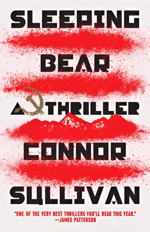 De cover van het boek sleeping bear een thriller toont zwarte tekst op wit met rode spatten en bergsilhouetten