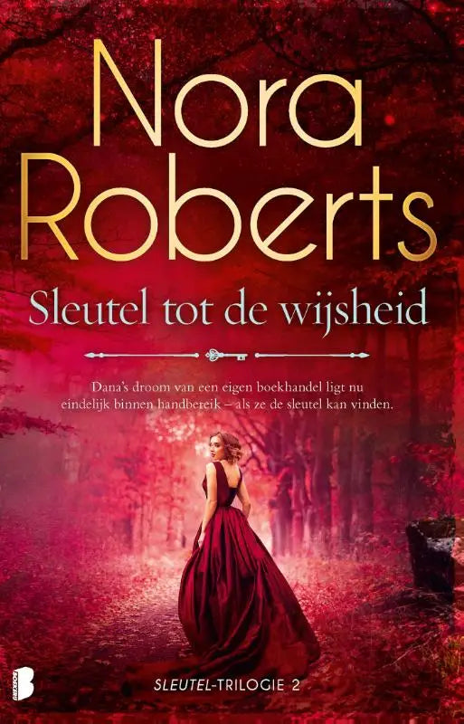 Een vrouw in een vloeiende diepe rode jurk op een pad tussen herfstbomen onder een mistige karmozijnrode lucht eindelijk binnen handbereik van dana’s droom