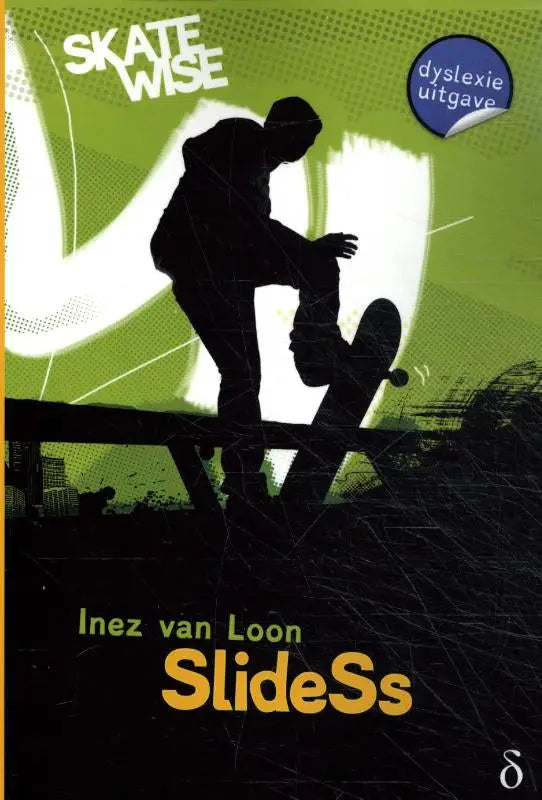 Groene en zwarte boekomslag met silhouet van skateboarder voor serie skatewise deel 3 titled slides