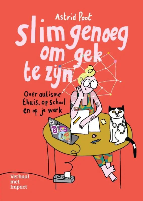 Vibrante rode boekomslag van slim genoeg om gek te zijn met cartoon van persoon met bril en tatoeages en kat met stethoscoop over autisme thuis