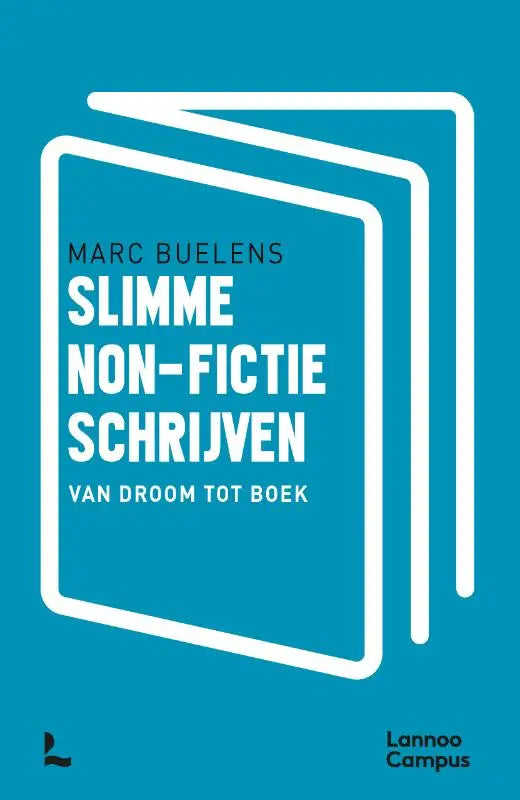 Blauw boek met witte tekst slimme non-fictie schrijven van marc buelens voor effectieve non-fictie schrijven