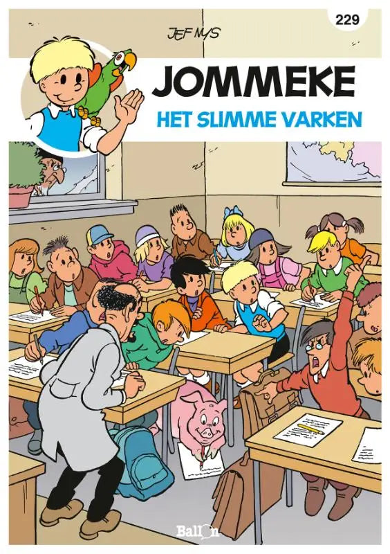Jommeke slimme varken comic cover with a classroom scene featuring children, teacher, and pink pig under desk by jef nys