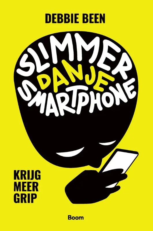 Slimme zwarte smartphone met witte contour en gele tekst op felgele achtergrond krijg meer grip met slimmer design