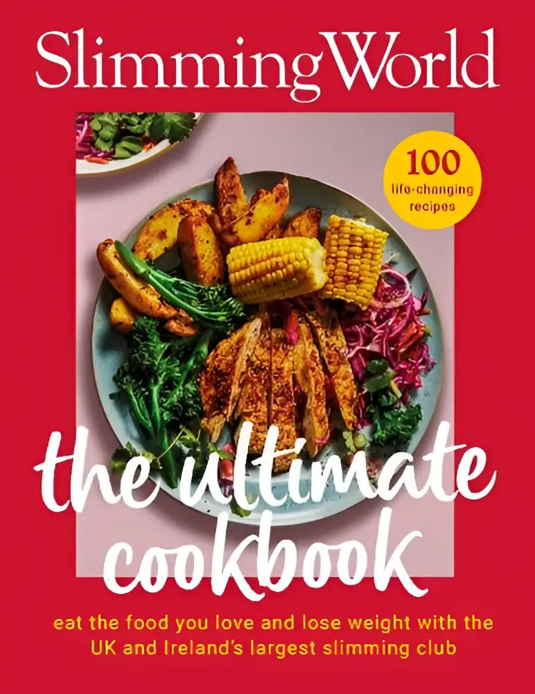 Slimming world the ultimate cookbook with vibrant red cover featuring grilled chicken and vegetables on the ultimate cookbook