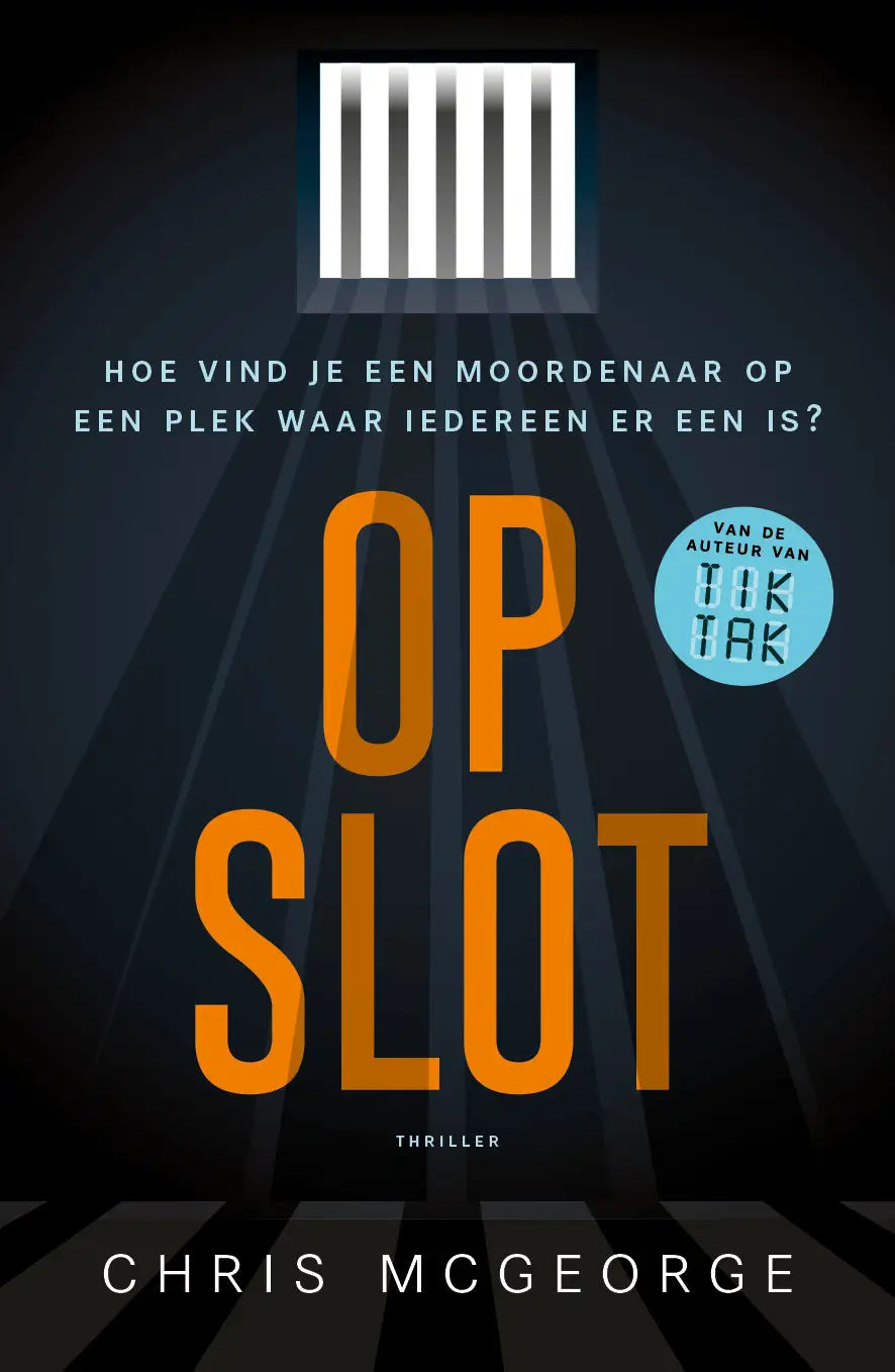 Oranje vetgedrukte letters spellen op slot op een donkere achtergrond met gevangenishekken in een product van chris mcgeorge luitingh sijthoff