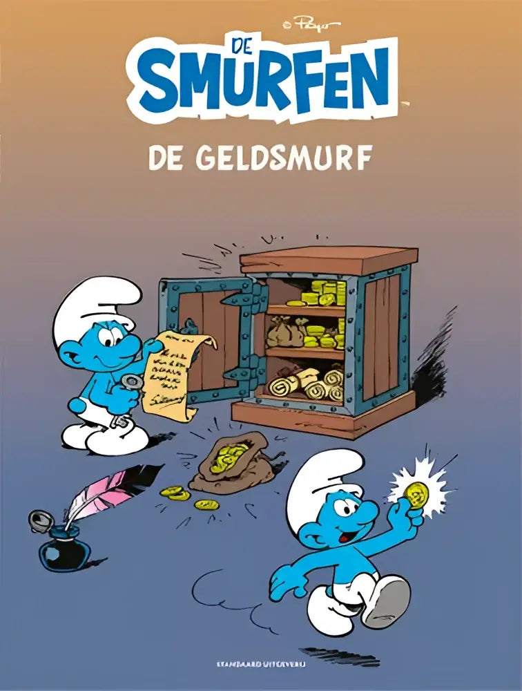 Blauwe smurffiguur van de smurfen die een gloeiende gouden munt vasthoudt