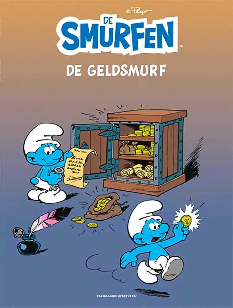 Blauwe smurf houdt een gloeiende gouden munt vast op een afbeelding van de strips algemeen de smurfen