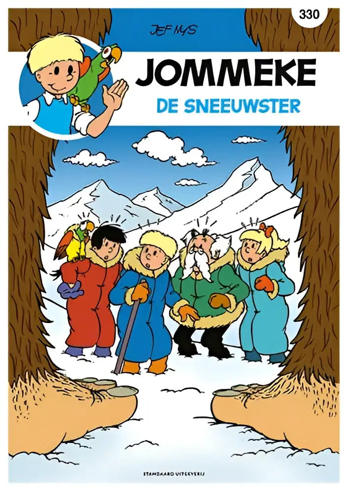 De sneeuwster jommeke stripboek cover met kleurrijke illustratie van jonge lezers in winterkleding bij besneeuwde bergen