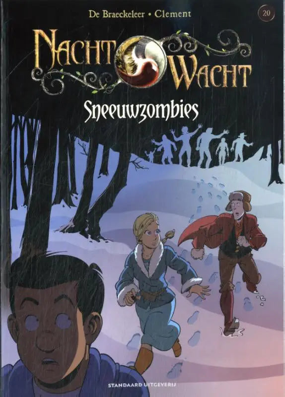 Cover van dutch comic book nacht wachtt sneeuwzombies door clement met personages rennend door besneeuwd bos, strips algemeen