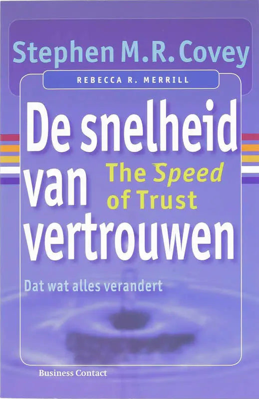 Paars boekomslag van de snelheid van vertrouwen met witte en gele tekst, relevant voor management algemeen en alles verandert