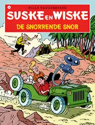Groene vintage jeep met rood dak en zwarte banden met cartoonfiguren achteraan voor de snorrende snor