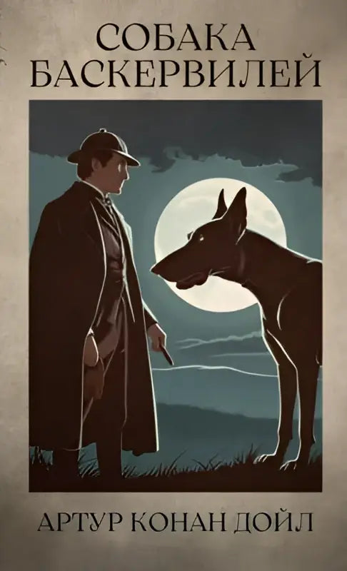 De illustratie van het boek de hond van de baskervilles door arthur conan doyle toont een donkere silhouet van sherlock holmes en zijn hond tegen een volle maan