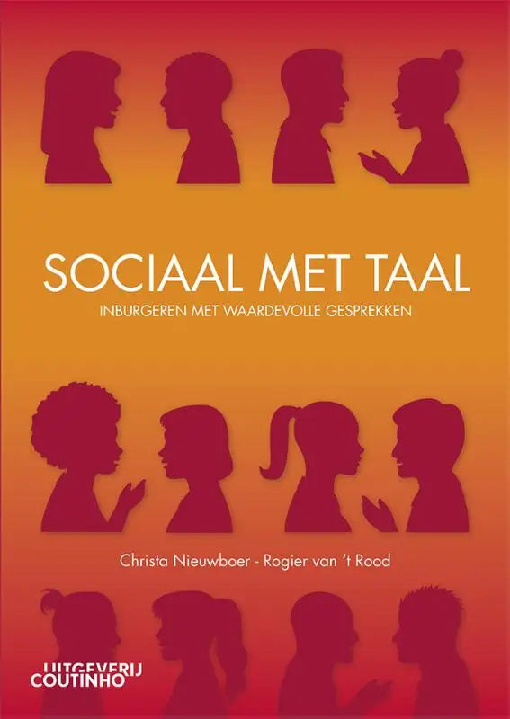 Boekcover Sociaal met taal met pratende silhouetten op oranje-rood