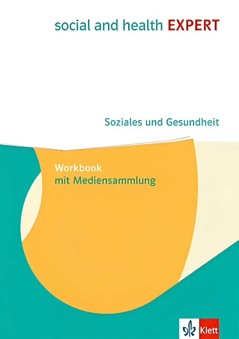 De workbook mit mediensammlung social expert von klett zeigt een modern ontwerp met teal en oranje geometrische vormen