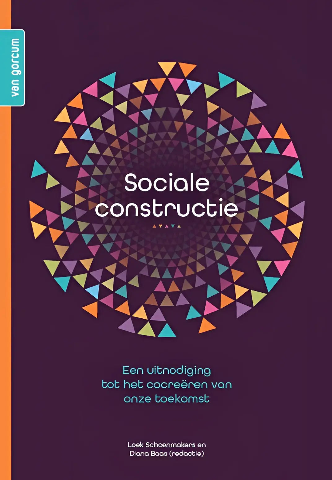 De sociale constructie boekcover toont een levendig multicolor geometrisch driehoekpatroon op een paarse achtergrond