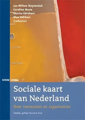 De sociale kaart van nederland boekcover van koninklijke boom uitgevers met abstract oranje rood kunstwerk op blauwe achtergrond