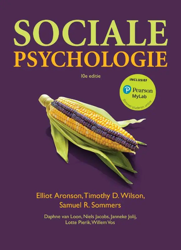 Boekcover van sociale psychologie 10e editie met mylab nl toegangscode toont geel paarse maïskolf met groene bladeren