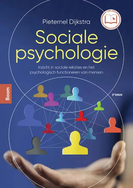 Blauw hardcover boek sociale psychologie door pieteren dijkstra met kleurrijke menselijke silhouetten over sociale relaties en psychologisch functioneren