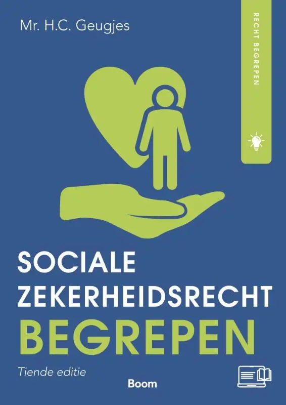 Blauw boek sociale zekerheidsrecht begrepen met limegroene illustratie van hand die hart en mensfiguur vasthoudt