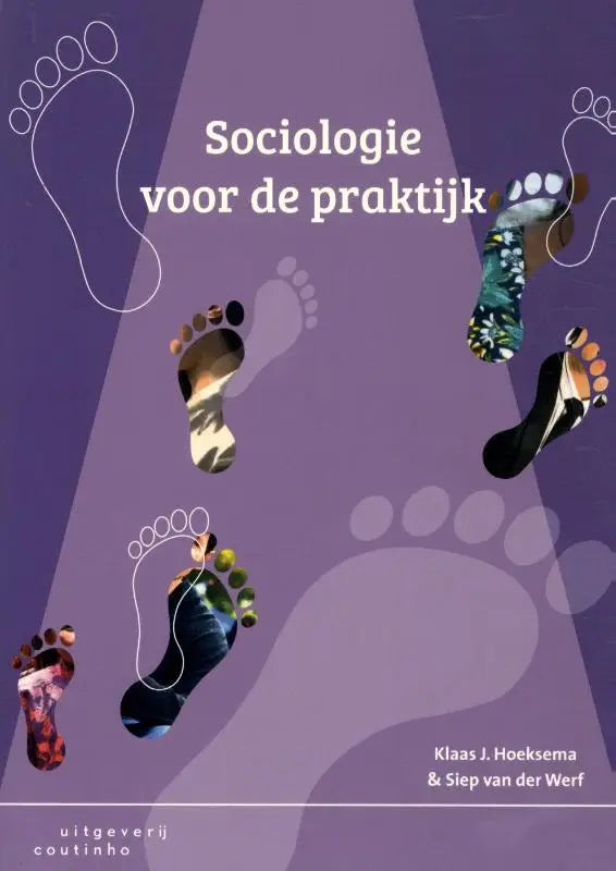 Paarse boekcover Sociologie voor de praktijk met gestileerde kleurrijke voetafdrukken