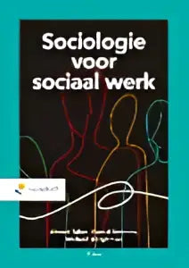 De boekcover van sociologie voor sociaal werk toont witte tekst op een zwarte achtergrond met abstracte oranje en rode lijnen