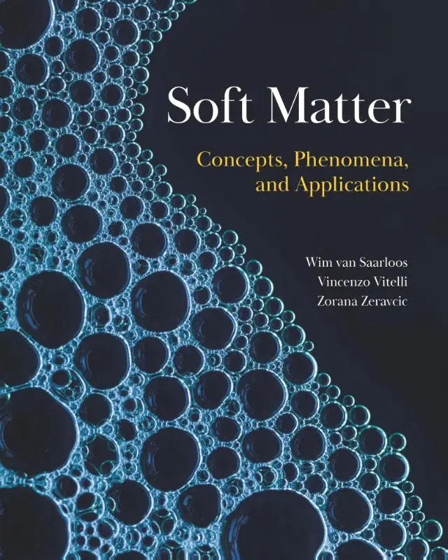 De boekcover toont een abstract patroon van blauwe en zwarte bubbels bij het boek soft matter concepten fenomenen en toepassingen over matter physics