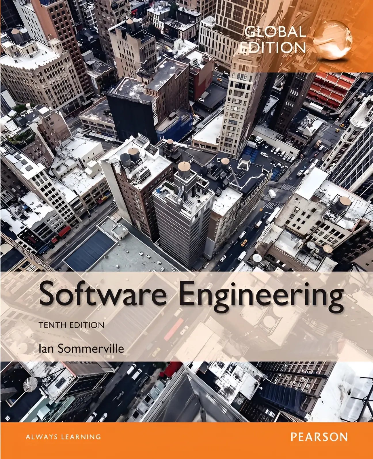 Tenth edition software engineering textbook by ian sommerville global edition with aerial cityscape cover by pearson