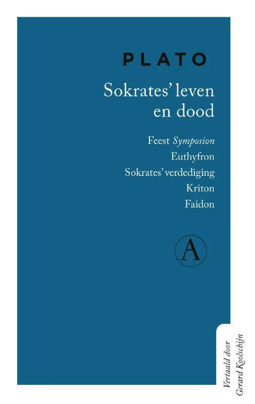 Diep teal hardcover boek sokrates leven en dood vertaalde literaire roman door gerard koolschijn met a logo