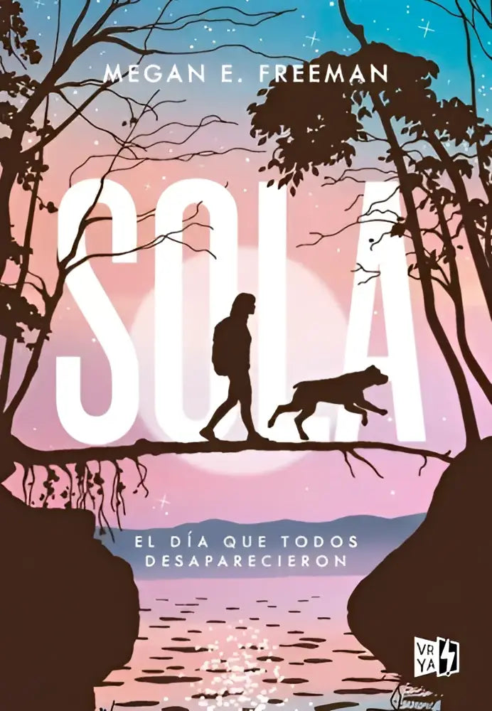De boekcover van Sola alleen toont de titel sola in wit met een silhouet van een persoon en hond tegen een roze blauwe hemel