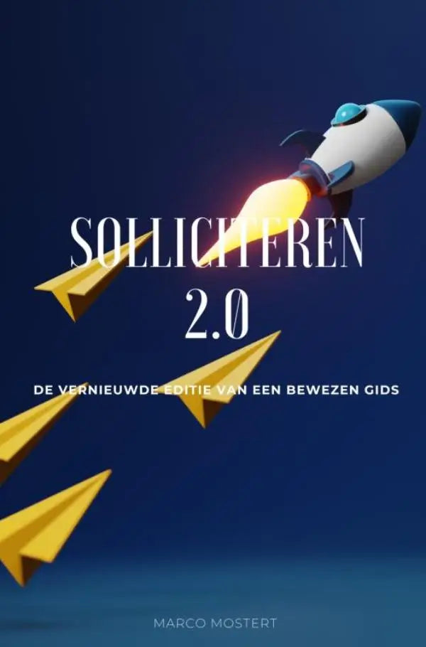 Een witte en blauwe raket met gloeiende gele motor stijgt op tussen gouden papieren vliegtuigen voor de vernieuwde editie van de bewezen gids Solliciteren 2.0