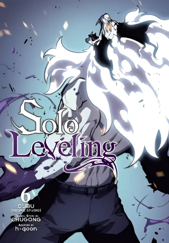 Het coverkunstwerk van solo leveling volume 6 manga toont een dynamische illustratie met zwart-wit haar op lichtblauwe achtergrond