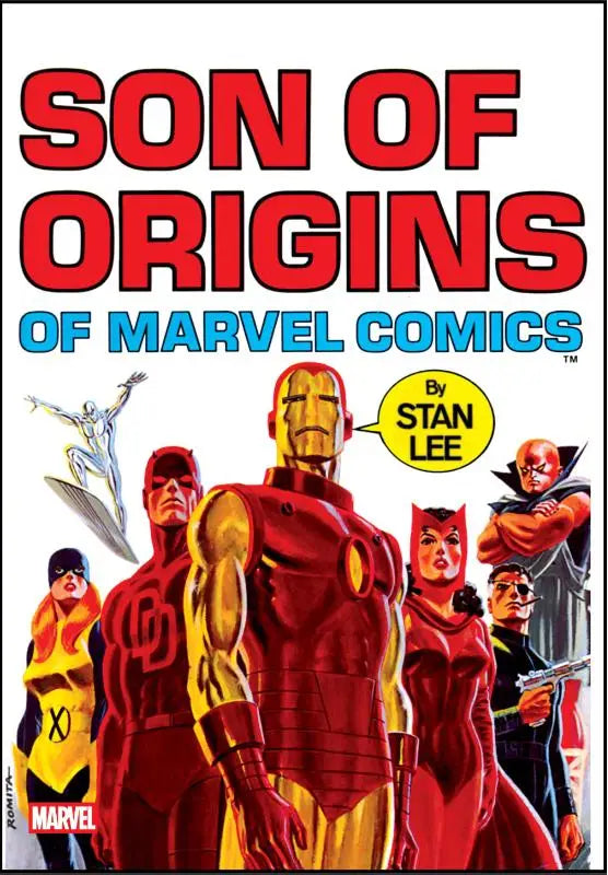 Rood en gouden iron man staat op de cover van son of origins of marvel comics door stan lee uitgegeven door schuster nederland