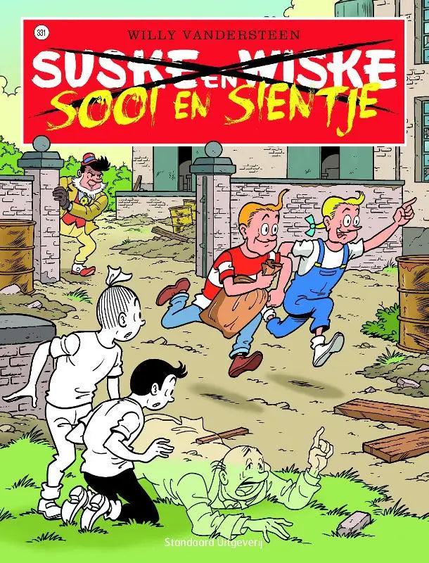 Rood en geel stripboek cover met cartoonfiguren in dynamische buitenscène voor jonge lezers sool en sientje