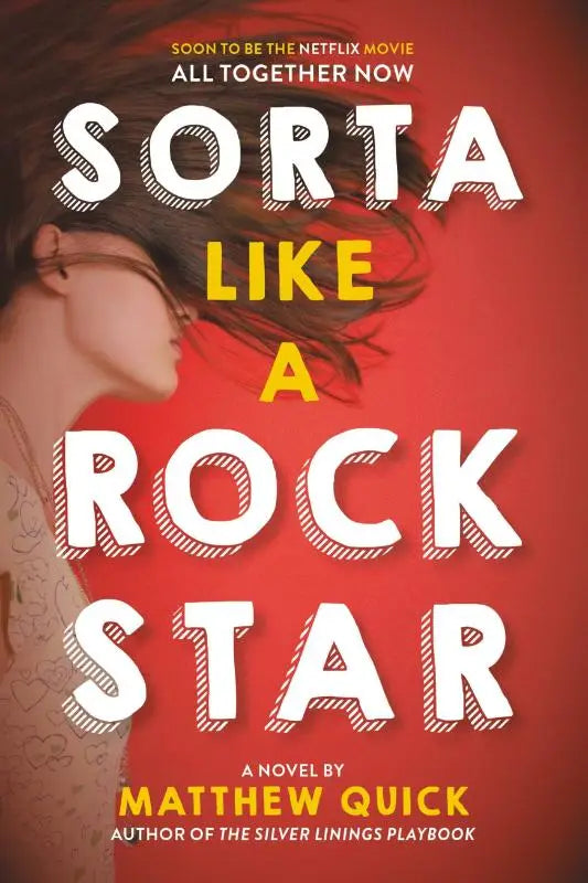 De boekcover van sorta like a rock star door matthew quick toont witte en gele tekst op een rode achtergrond met vrouw in kant