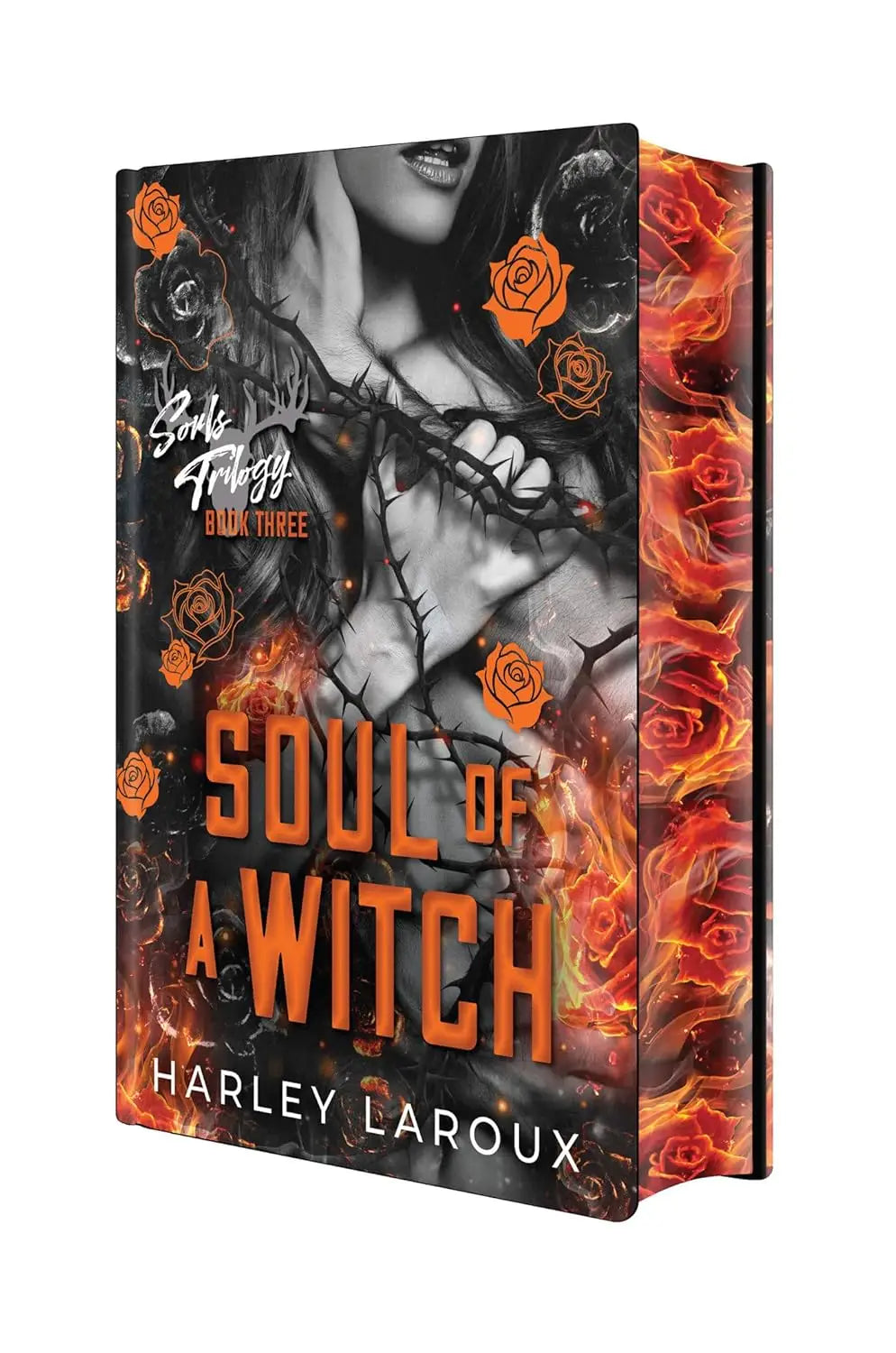 Soul of a witch boek van Harley LaRoux met oranje en zwarte omslag, vurige rozen en doorns, souls trilogy paranormal romance