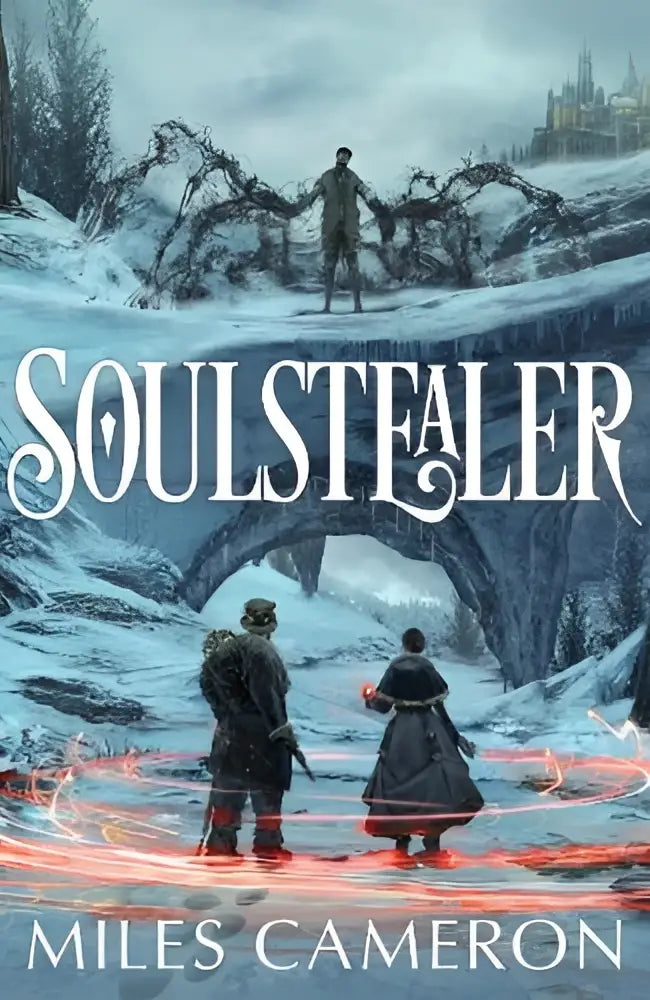 De boekcover van soulstealer toont een ijzig landschap met figuren bij een boog in the soulflake conspiracies volume one
