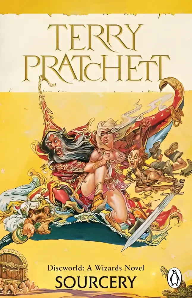 The cover of terry pratchetts discworld novel sourcery features vibrant characters in dynamic poses on a yellow background