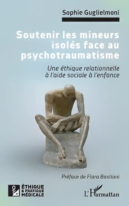 De boekcover toont een bronzen zittend stenen beeld van een figuur in nood ter ondersteuning van les mineurs face au psychotraumatisme