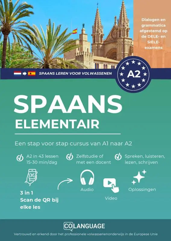 Teal en witte educatieve poster voor spaans a2 elementair stap cursus met dialogen en oefeningen van colanguage