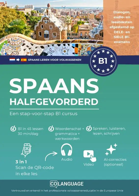 Teal en witte cover van spaans b1 halfgevorderd stap-voor-stap b1 cursus met park güell afbeelding voor spaans leren