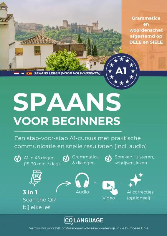 Educatief spaans leren voor beginners poster met teal en oranje kleuren en online app voor leer spaans stap bij co language