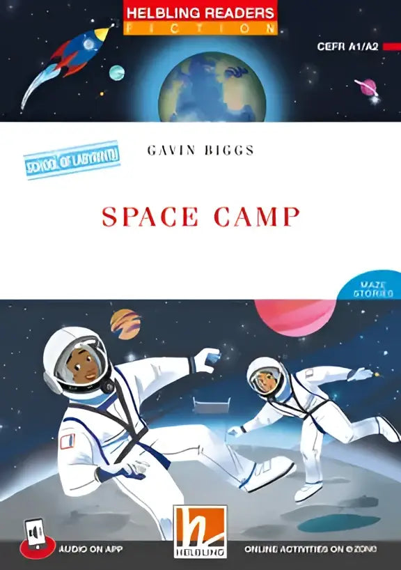 Space Camp kinderboek Witte Ruimte Kamp met astronautillustraties, blauw-rood-oranje cover